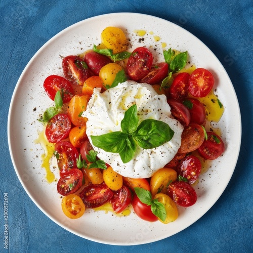 Tomato Salad With Fresh Cheese and Herbs Served in a White Bowl on a Kitchen ...