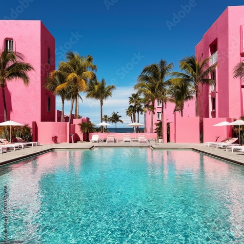 Relaxation by the Pool at a Pink Hotel in a Sunny Location With Clear Skies a...