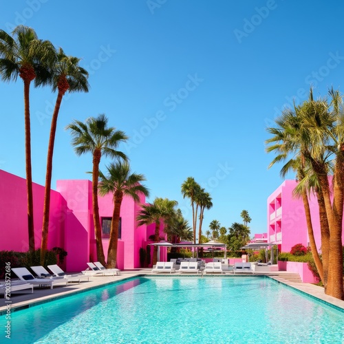 Bright Pink Pool Area With Palm Trees in a Sunny Location Under a Clear Blue Sky