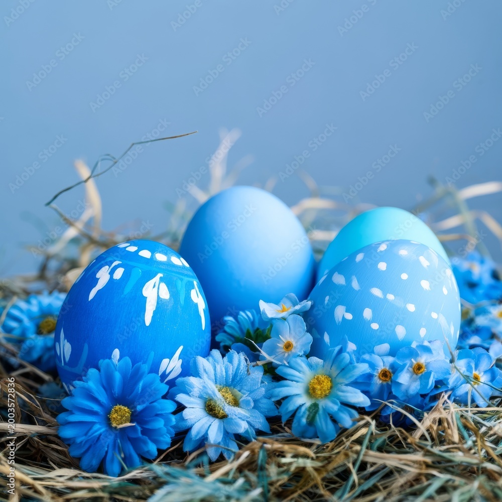 Fototapeta premium Blue Eggs and Flowers in a Nest During Spring Season Celebration