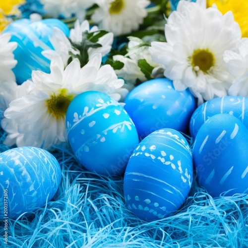 Colorful Blue Eggs and Flowers Arranged in a Festive Display for Easter Celeb...