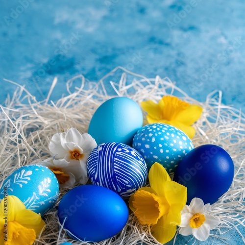 Colorful Blue Eggs and Flowers Arranged in a Festive Display for Easter Celeb...