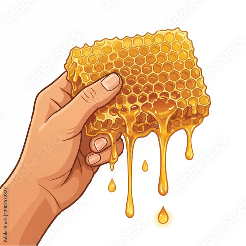 Hand Holding Honeycomb with Dripping Honey in a Close-Up View.