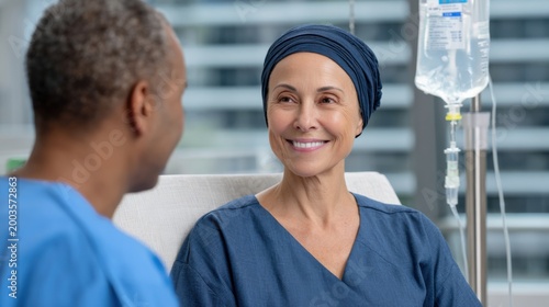 Female nurse wearing blue scrubs and headscarf smiles at male patient in hospital room with IV drip and large windows showcasing city view