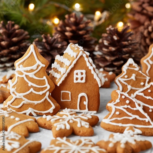 Gingerbread Cookies Arranged on a Table With Pinecones and Lights During the ...