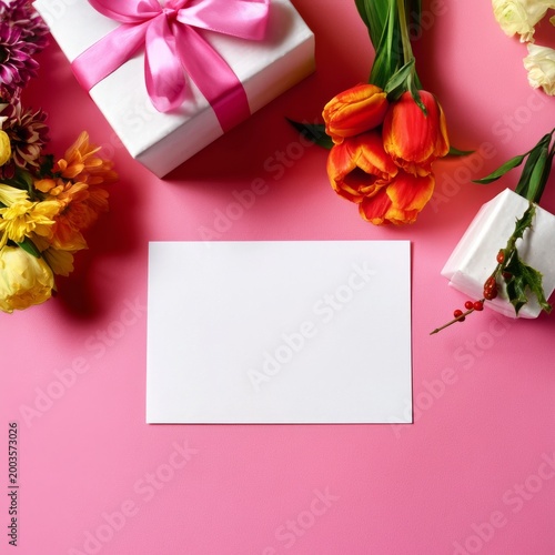 Gift Box and Flowers Arranged on Pink Background for Special Occasion or Cele...