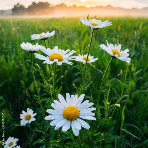 Flowers Bloom in a Sunny Field During Morning Hours With Dew on Petals