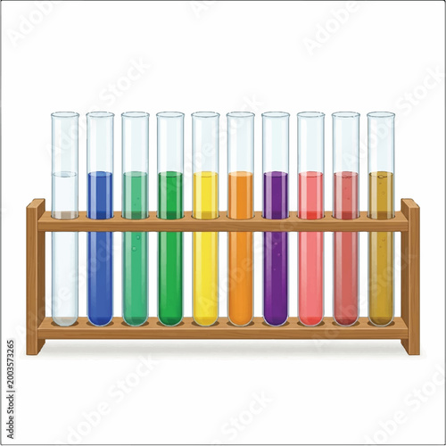 Set of colorful test tubes filled with liquids arranged in a wooden rack for laboratory experiments.
