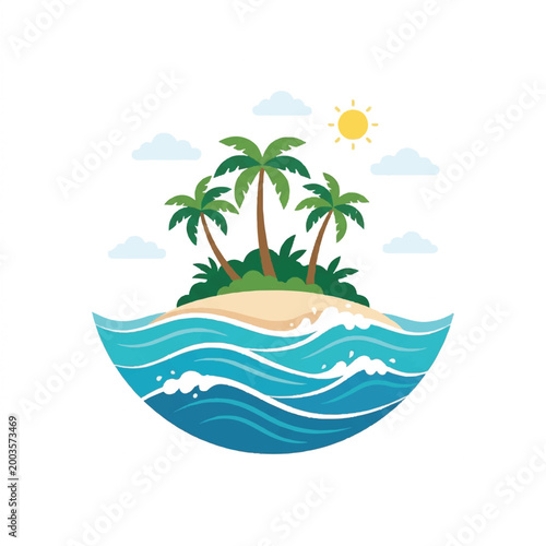 Tropical island scene with palm trees, sandy beach, and ocean waves under sunny sky.