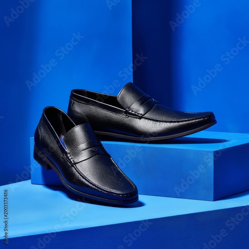 Black Shoes Displayed on Blue Background With Simple Shapes During Day
