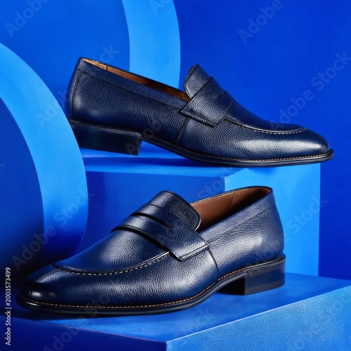 Black Shoes Displayed on Blue Background With Simple Shapes During Day