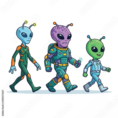 Three Cartoon Alien Characters Walking Together in Space Adventure Scene.