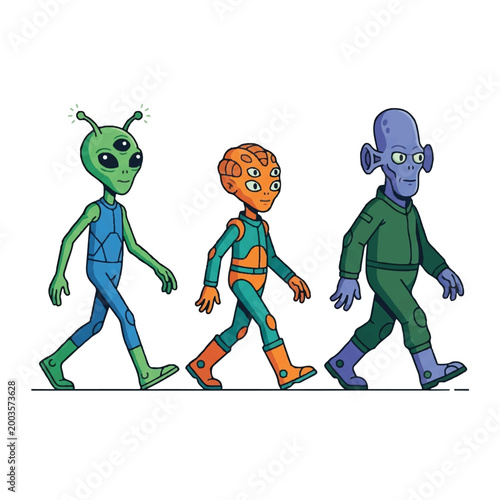 Three Cartoon Alien Characters Walking Together in a Friendly Scene.