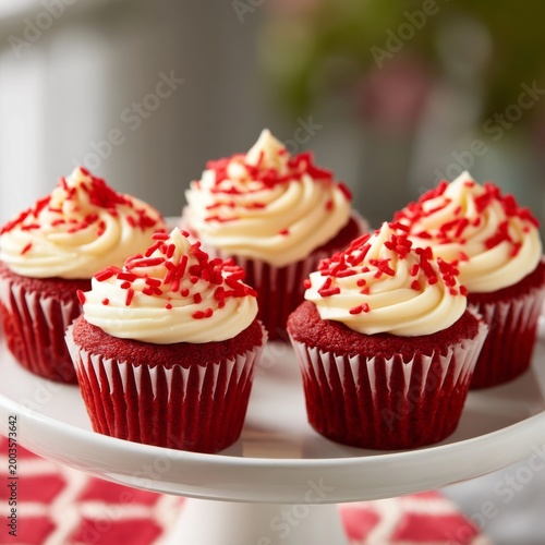 Red Velvet Cupcakes With White Frosting on a Cake Stand in a Kitchen Setting ...