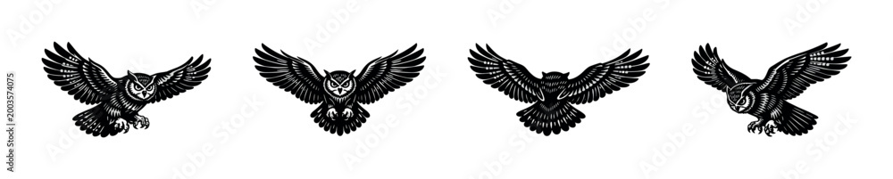 Fototapeta premium Black and white owl silhouette illustrations flying owl clipart set vector elements