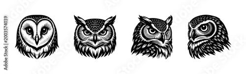 Stylized black and white owl head silhouettes, vector illustration, decorative animal clipart