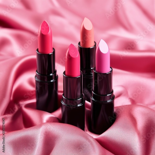 Different Shades of Lipstick on Satin Fabric Arranged in a Neat Line