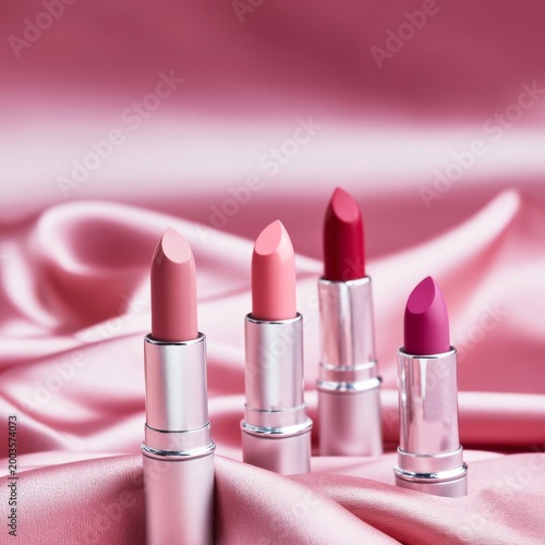 Different Shades of Lipstick Arranged on a Pink Satin Background During Dayli...