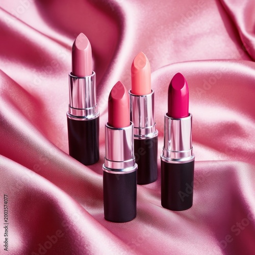 Different Shades of Lipstick Arranged on a Pink Satin Background During Dayli...