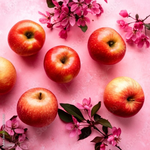 Red Apples and Pink Flowers Arranged on a Pink Background in a Simple Setup