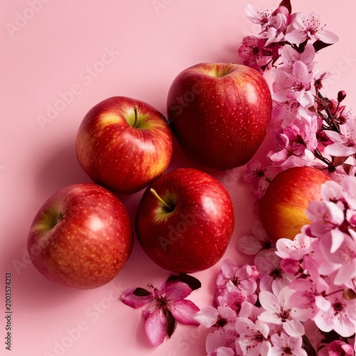 Red Apples and Pink Flowers Arranged on a Pink Background in a Simple Setup