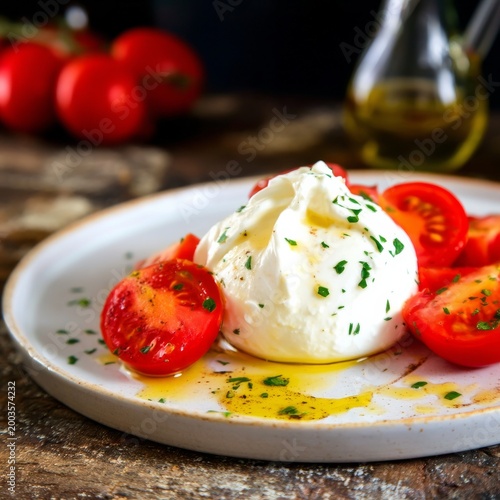 Fresh Tomatoes With Burrata Cheese Served on a Plate With Olive Oil