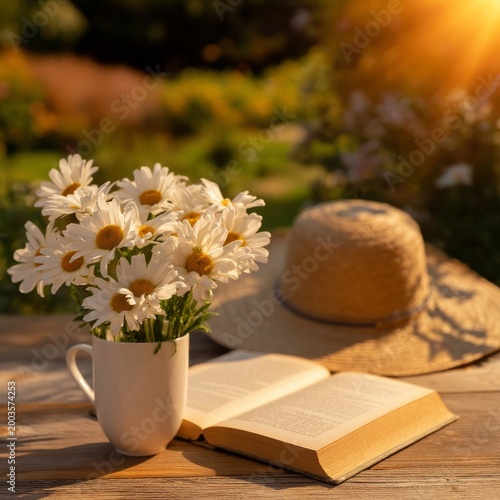 Sunlight Shines on Flowers, a Book, and a Hat on a Wooden Table in a Garden