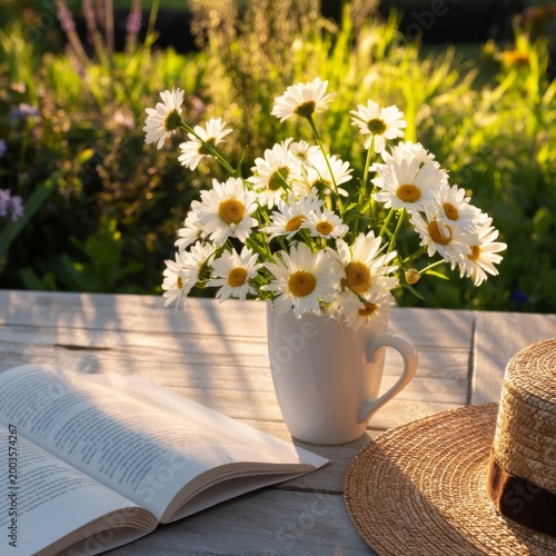 Sunlight Shines on Flowers, a Book, and a Hat on a Wooden Table in a Garden
