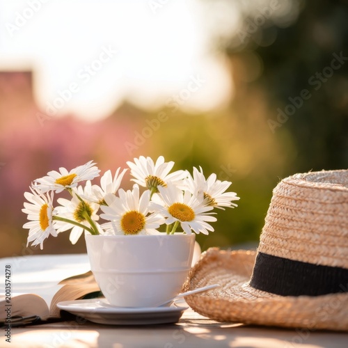 Daisies in a Cup Next to a Straw Hat and an Open Book on a Wooden Table Outdoors