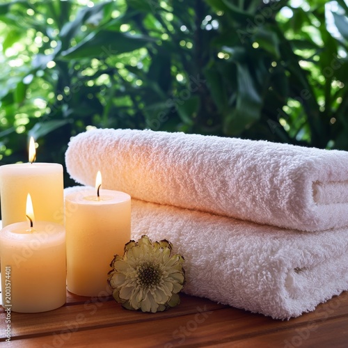 Towels and Candles Placed Near a Flower on a Wooden Table in a Green Garden S...