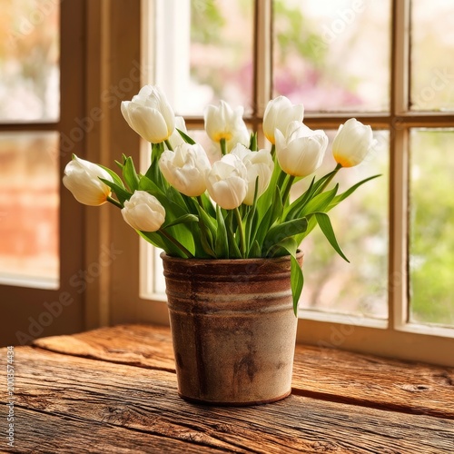 Fresh White Tulips in a Simple Pot Placed on a Wooden Table in a Room With Br...