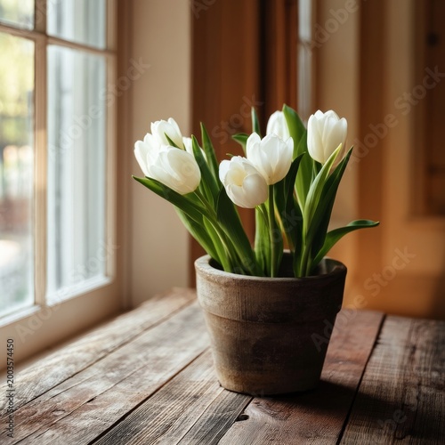 White Tulips in a Brown Pot on a Wooden Table Near a Window in a Bright Room