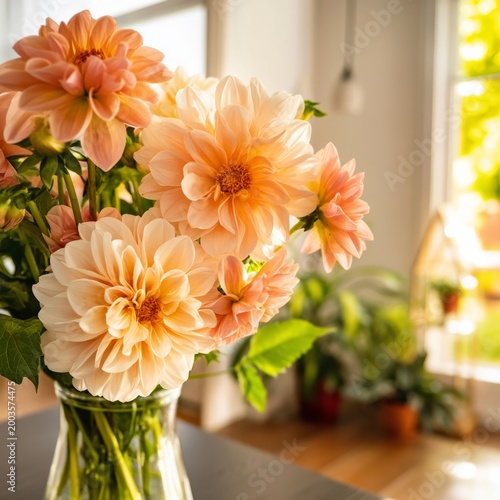Flowers in a Vase on a Table Inside a Bright Room With Plants and Natural Light