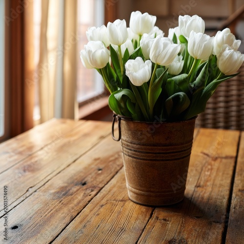 White Tulips in a Brown Pot on a Wooden Table Near a Window in a Bright Room