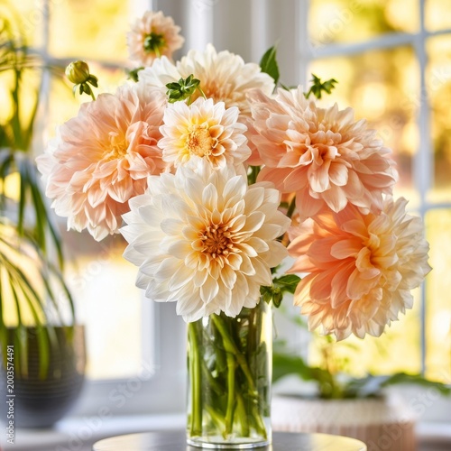 Flowers in a Vase on a Table Inside a Bright Room With Plants and Natural Light