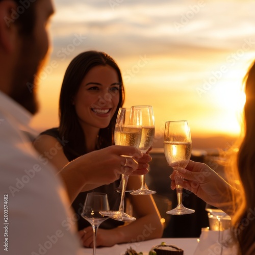 Cheers During Sunset Over the Cityscape With Friends Enjoying Drinks and Mome...