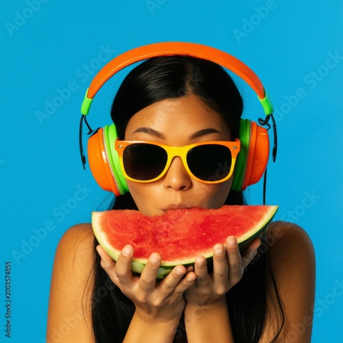 Woman Holding Watermelon Slice With Headphones on in Front of Blue Background
