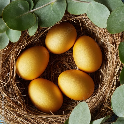 Golden Eggs in a Basket With Green Leaves on a Wooden Table During Daylight