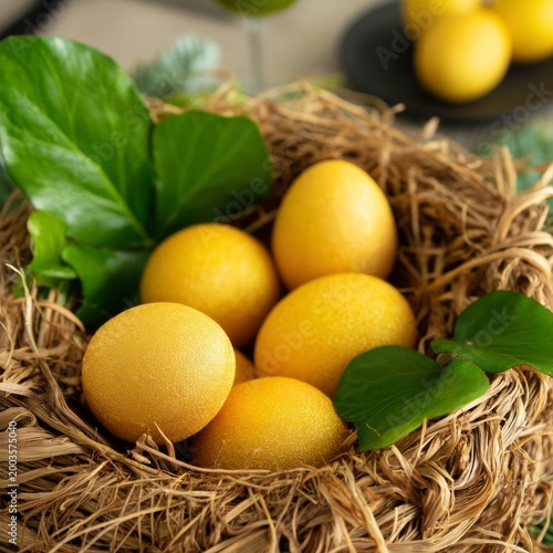 Colorful Eggs in a Nest With Green Leaves Placed on a Table With Lemons in th...