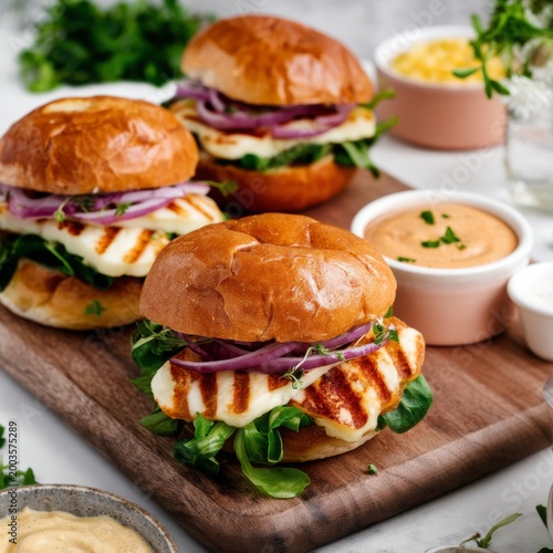 Delicious Sandwiches With Fresh Vegetables Served on a Wooden Board in a Brig...