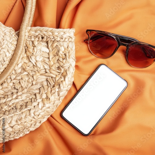 Sunglasses and Phone on an Orange Fabric in a Sunny Outdoor Setting