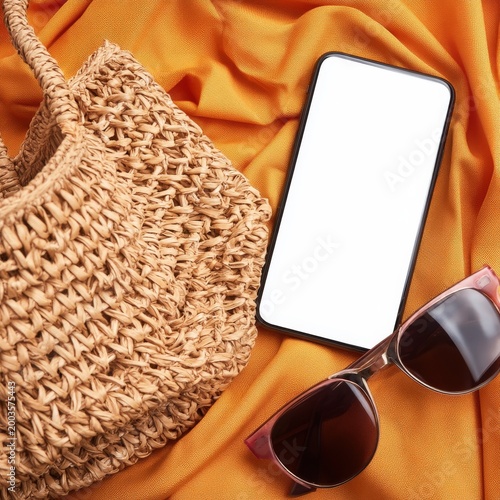 Bright Orange Background With Bag, Phone, and Sunglasses During a Sunny Day a...