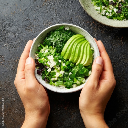 Bowl of Fresh Greens and Avocado Held by Hands Against a Dark Background