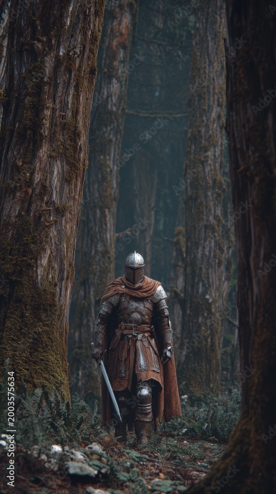 Fototapeta premium Europe medieval lifestyle. A vivid portrayal of a knight in full medieval armor stands in a dense forest. The knight wears a helmet, breastplate, and cloak, and holds a sword in his right hand.