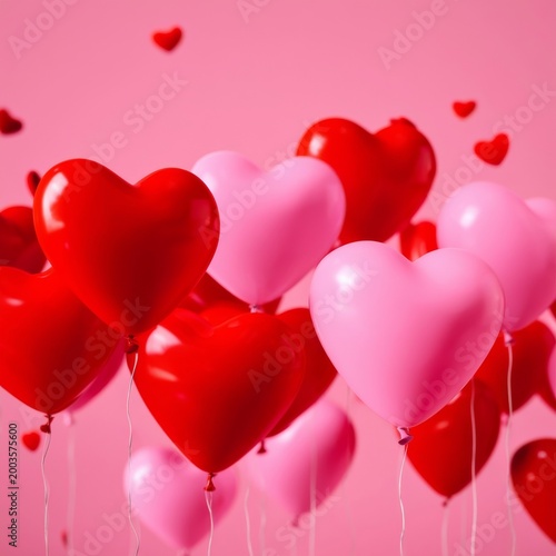 Colorful Heart Balloons Float Against a Pink Background for a Celebration or ...