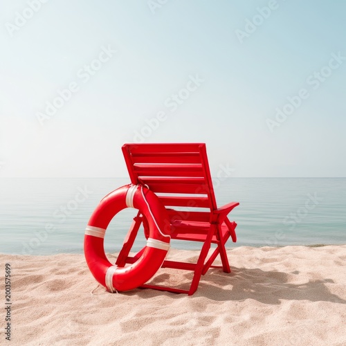 Red Chair and Life Buoy Near Water on a Sunny Day at the Beach