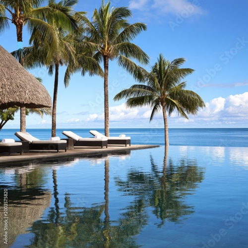 Sunny Day by the Pool With Palm Trees and Ocean View in Tropical Location