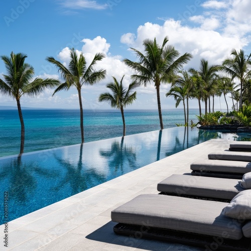 Sunny Day by the Pool With Palm Trees and Ocean View in Tropical Location