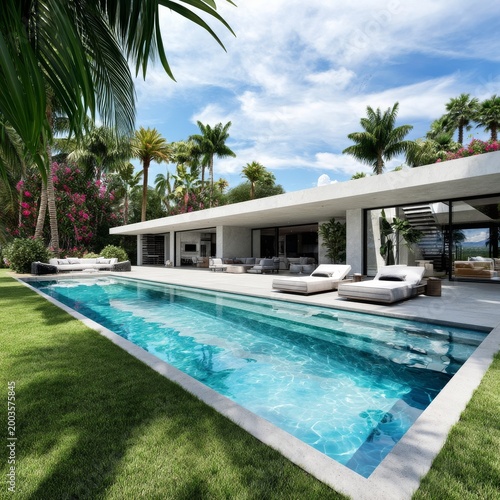 Modern Villa With Pool and Palm Trees in Sunny Weather Overlooking a Clear Sky