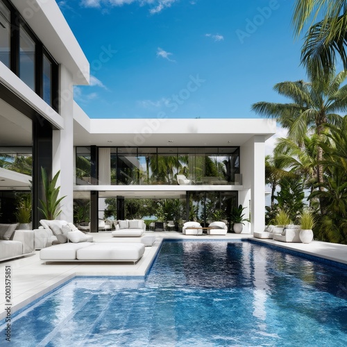 Modern Villa With Pool and Palm Trees in Sunny Weather Overlooking a Clear Sky